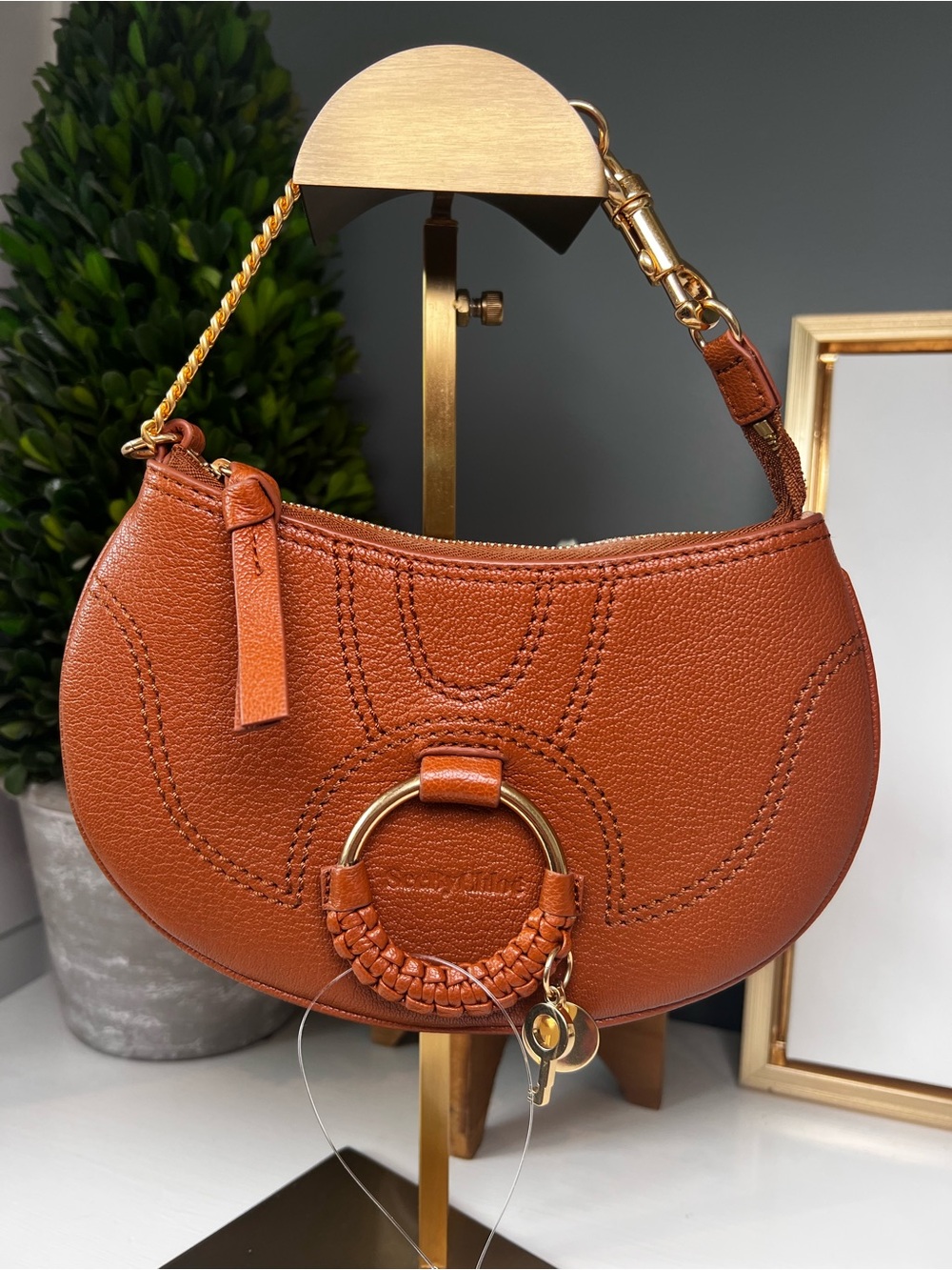 See by Chloé Hana Mini Hobo Brown Leather Shoulder Bag Gold Chain Authentic